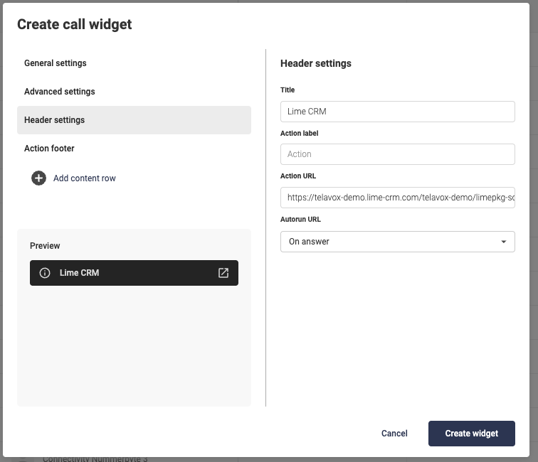 Telavox config - Call Widget set up to integrate with Lime CRM